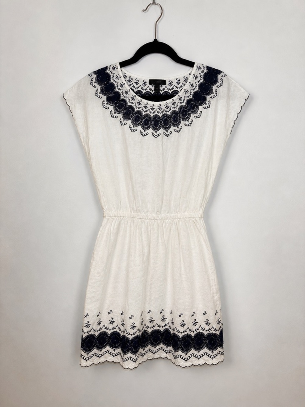 J. Crew White Linen Cotton Summer Dress with Navy Floral Lace Embroidery